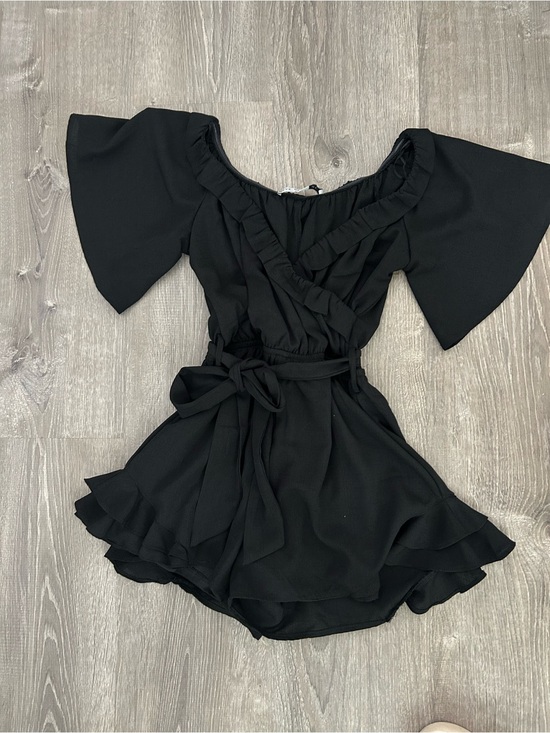 Dresses & Skirts - Black Ruffled Romper Dress with Self-Tie Belt